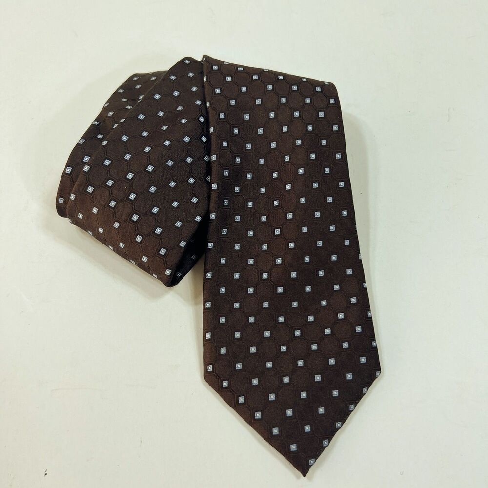Tommy Hilfiger 100% Silk Tie Brown Blue  Geometric Men Necktie 60 x 3.25